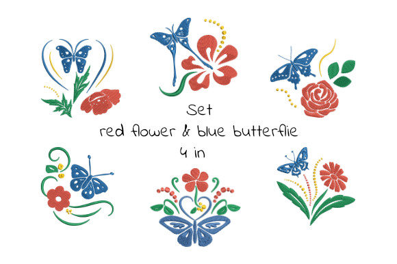 Set of Red Flowers and Blue Butterflies